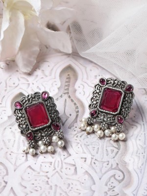 RUBANS Rubans Silver Oxidised Stud Earrings With Studded Pink Stones And Pearls Alloy Stud Earring