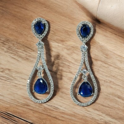 Ora Jewels Charming Blue Party Wear Rhodium Plated Oval Shaped Ad Earring Cubic Zirconia Brass Stud Earring, Drops & Danglers