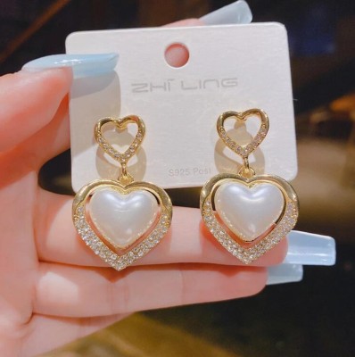BLINGEE Western Korean Heart ad stone Pearl Crystal Earrings for women girls fancy Pearl, Cubic Zirconia, Crystal, Diamond Alloy Stud Earring, Earring Set, Clip-on Earring, Drops & Danglers