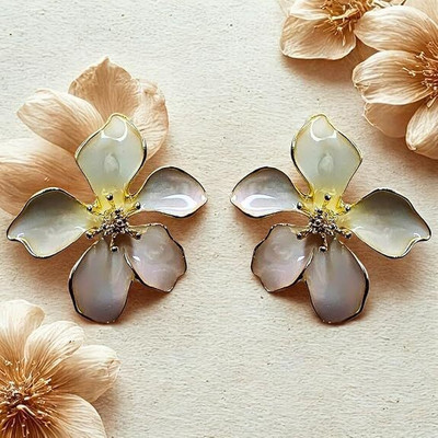 FESTVOGLO White Enamel Flower Stud Earrings. Cubic Zirconia Alloy Drops & Danglers