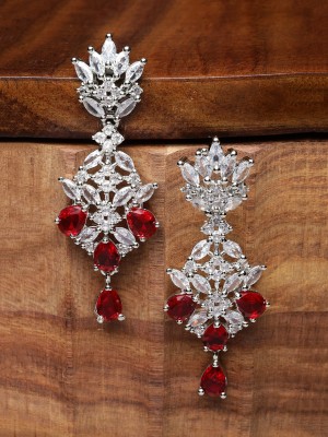 ZENEME Silver Tone Red & White American Diamond studded Spiked Shaped Drop Earrings Cubic Zirconia Brass Drops & Danglers