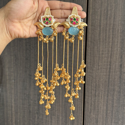 TaranaJewelry Kashmiri Leaf Motif Long Chain Jhumkis Brass Jhumki Earring