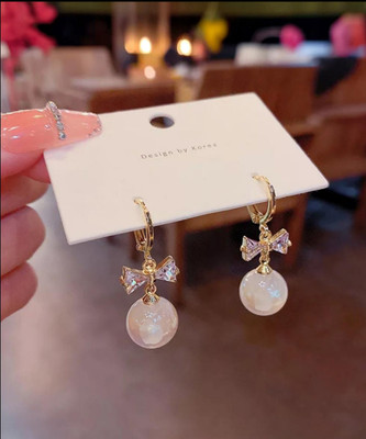 YU Fashions Yu Fashions Bow Knot Rhinstone Pearl Drop Korean earrings pair Crystal Metal Tassel Earring