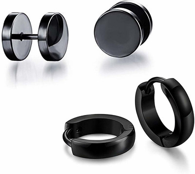 zebisco Combo of Black Dumbell Black Hoop Earrings for Boys & Mens(2pair) Cubic Zirconia Metal Stud Earring