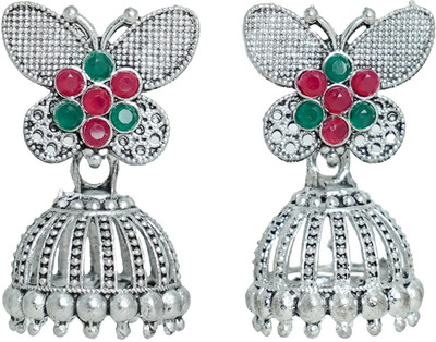 BUMBERELL Silver Butterfly Design Traditional Jhumka Earrings with for Women and Girls Ruby Alloy Jhumki Earring