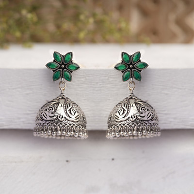 Sanseeta Padmika- Silver Brass Stone Studded Jhumka Earrings(Black) Zircon Brass Jhumki Earring