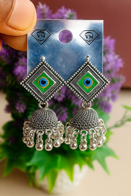 DANGAR ENTERPRISE Oxidized Silver Peacock Green Square Jhumka Earrings for Women and Girls Diamond Alloy Stud Earring, Drops & Danglers, Jhumki Earring