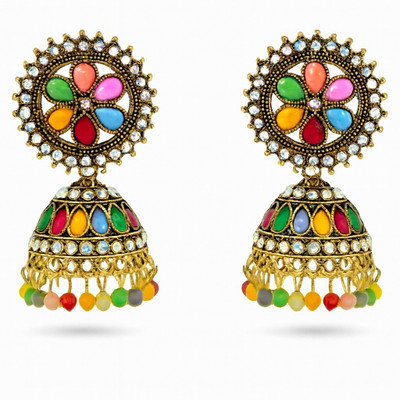 SAJANA Multicolor Traditional Jhumka Earrings for Women – Floral Stud Design Brass Jhumki Earring