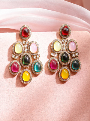 RUBANS 22K Gold-Plated Multicolor Oval Stone & Cubic Zirconia Studded Chandelier Brass Chandbali Earring