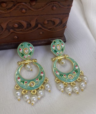 Fashion Theme Meenakari Earrings Pearl Jhumkas Gold Plated Green Jhumka for Women & Girls Pearl Brass Chandbali Earring, Drops & Danglers, Jhumki Earring