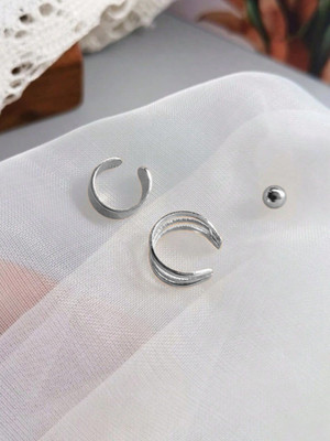 VAGHBHATT Set of 3 Stainless Steel Silver Plated Ball Stud & No Piercing Ear Cuffs Enamel Hoop Earring