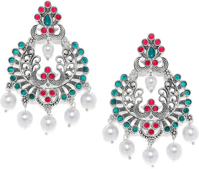 RUBANS Rubans Silver Plated Oxidised Drop Earrings With Studded Pink And Green Stones Alloy Chandbali Earring