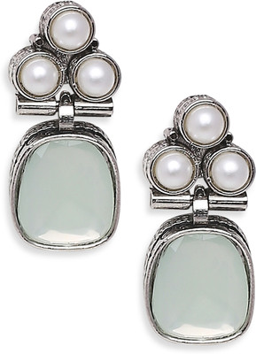 Oomph Oxidised Silver Small Ethnic Drop Earrings - Mint Green Opal MoonStone Beads, Crystal Alloy Drops & Danglers