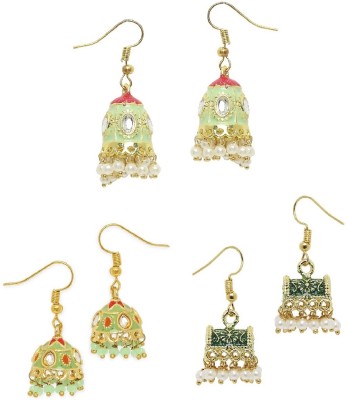 fabula Combo of 3 Mint Green Meenakari Kundan & Pearls Jhumka Earrings Beads, Crystal Alloy Jhumki Earring