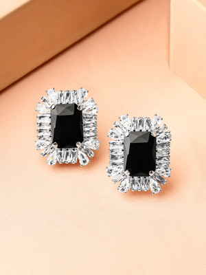 RUBANS Rubans Rhodium-Plated Black Onyx & Cubic Zirconia Studded Studs Earrings Cubic Zirconia Brass Stud Earring