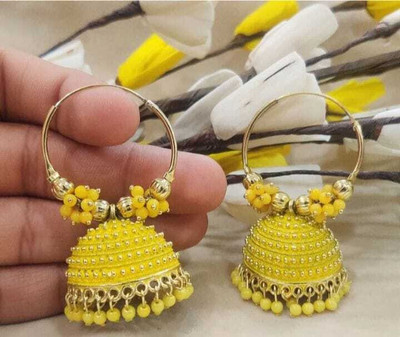 pas Unique yellow beads hoop Jhumka Earrings for women & girls for party wear Cubic Zirconia, Beads Alloy Rhinestone Studs, Hoop Earring, Earring Set