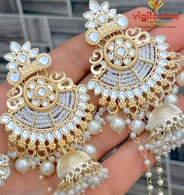 Vigilantee Jewels White Pearl Kundan Mirror Beads White Gold Plated Drop And Danglers Ear Chain Pearl, Beads Alloy Drops & Danglers, Chandbali Earring, Jhumki Earring