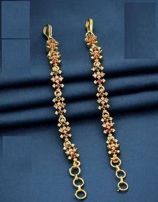 Matram GOLD PLATED AD STUDDED FANCY EAR CHAIN ( KAN SER/KAAN CHAN) Cubic Zirconia Brass Earring Set