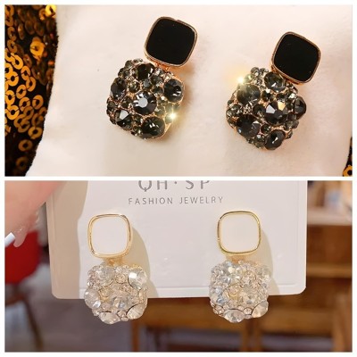 FFSTYLE luxury style black & whit stud drop earrings Black Diamond Alloy Earring Set, Drops & Danglers, Hoop Earring