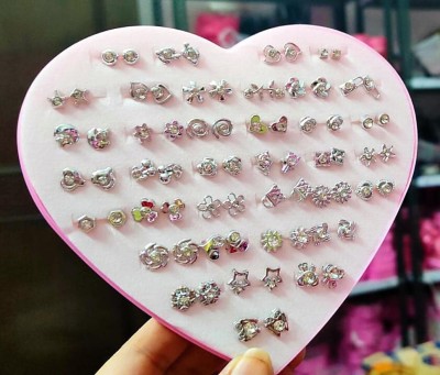 DIVINE Pack of 36 Pairs Silver White stone Design Studs with Heart Box for Girls(1 Box) Plastic Stud Earring