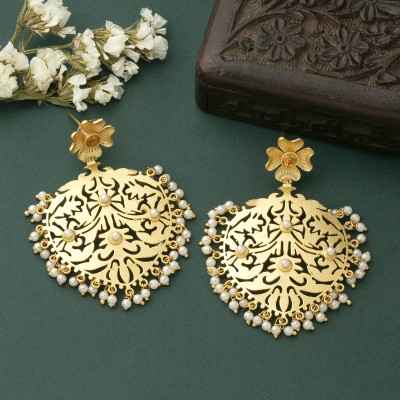 AlamodFashion Alamod Floral Brass Festive Gold Plated Pearl Chandbali Earring For Women Pearl Brass Chandbali Earring