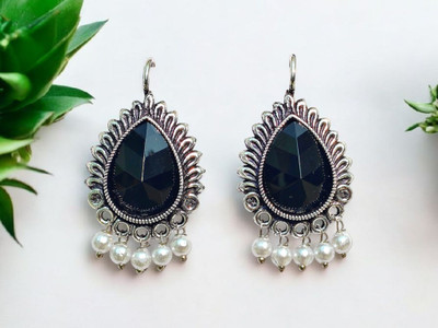 ARearring Trendy Silver-Plated Black Drop Earrings with Pearl Beads for Women & Girls Beads, Pearl Alloy Drops & Danglers