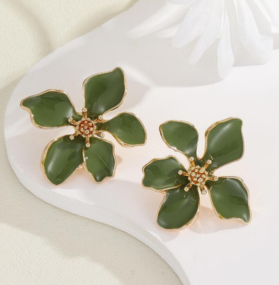 AKISON JEWELS Green Flower Stud Earrings For Women Girls Korean earring korean jewelry Floral Alloy Earring Set, Stud Earring
