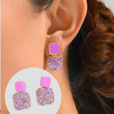 kurm shop Fancy Elegant Square Drop Earrings with Purple Crystal Studs Cubic Zirconia Alloy, Crystal Drops & Danglers, Rhinestone Studs, Earring Set, Jhumki Earring, Stud Earring