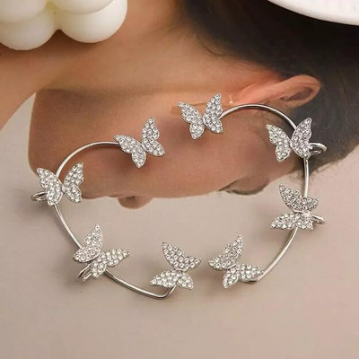 Mellisea Korean Glorious Silver Plated style Butterfly Ear Cuff Earring for Women Cubic Zirconia, Diamond Alloy Cuff Earring, Hoop Earring, Huggie Earring, Rhinestone Studs, Earring Set