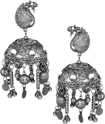 ABHINN Silver Oxidised Floral Design Jhumka Studded Mirror Earrings For Girls Alloy Drops & Danglers