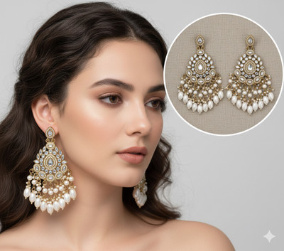 Yakshkara Yaksh Kara White Kundan Pearl Chandbali Earrings – Perfect for Celebrations Beads, Pearl, Diamond Brass Chandbali Earring