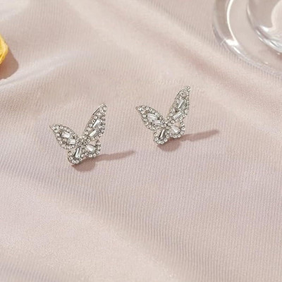 Bawree SilverPlated Butterfly Stud Earrings Crystal Metal Stud Earring