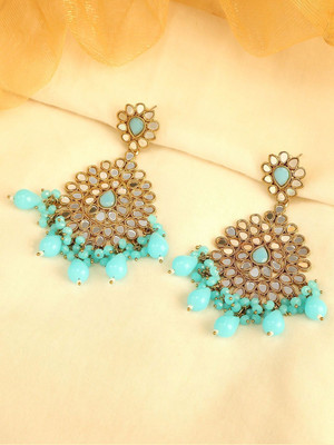 ANOUK Gold Plated Handcut Mirrors Studded Statement Dangle Earrings with Blue Beads Alloy Stud Earring