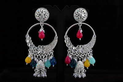 VIAANA CREATIONS Multicolor Crystal Chandelier Earrings with Silver Setting and Dazzling Design Alloy Jhumki Earring