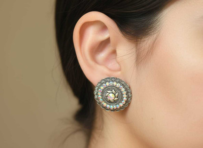 Anj oxidized silver plated jewellery Crystal, Pearl German Silver Stud Earring