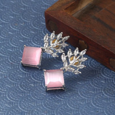Jewar Mandi Earrings Silver Plated Dangle Ad Cz Multi-Color Stones Leaf Design Danglers Cubic Zirconia, Crystal Brass Drops & Danglers