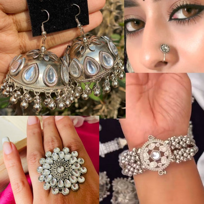 ISLANA Combo of 4 Oxidised Earrings Ring with Nosepin and Opaneble Cuff Brecelet Alloy Jhumki Earring