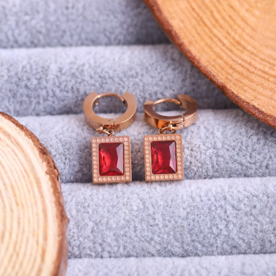 stocksy Rose Gold Plated Red Stone Stainless Steel Daily Wear Earrings for Women & girl Copper Hoop Earring