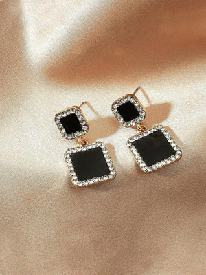 YELLOW CHIMES Gold Tone Crystal Black color Rectangular Shape Stud Drop Earrings Crystal Metal Drops & Danglers