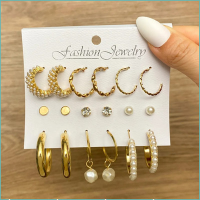 Zaphariq Combo Of 9 Pair Pearl, Stone, Hoops, And Stud Earrings Pearl Alloy Hoop Earring