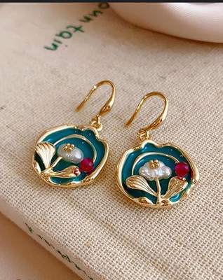 LOVIA BY HM GREEN ENAMEL HOOK DROP EARRINGS FOR WOMEN, KOREAN EARRINGS Pearl Alloy Drops & Danglers