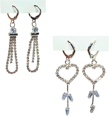 Snappy Sparkling Rhinestone Dangle Earrings – Heart & Chain Loop Design, 2 Pairs Set Alloy Clip-on Earring