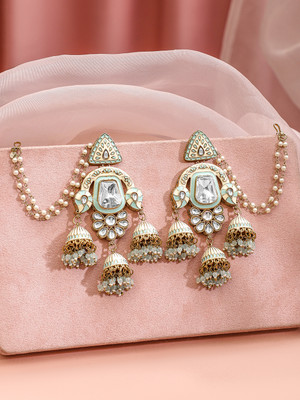 RUBANS 22K Gold-Plated Mint Green Enamel White Kundan Jhumka-Pearl Beading Ear Chain Brass Jhumki Earring