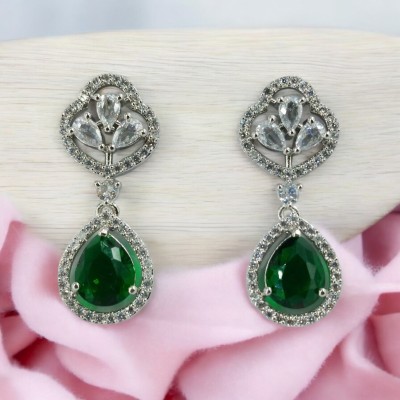 Ora Jewels Dark Green Rhodium Plated Ad Earring Cubic Zirconia Brass Stud Earring, Drops & Danglers