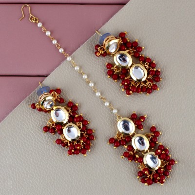 Lucky Jewellery Traditional Back Meena Gold Plated uncut kundan Maroon color Tika Earring set Beads Alloy Drops & Danglers