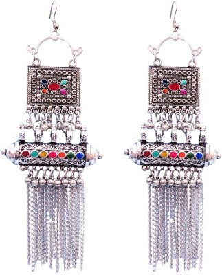 BELLACRAZE New Long Earring Multi With Chain Afghani Tribal Sliver Oxidized Earrings Alloy Drops & Danglers