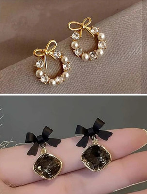 RISHASTYLE Combo of 2 latest design korean Bow Stud earring for girls & women Zircon Stone, Alloy Stud Earring, Drops & Danglers, Cuff Earring, Earring Set