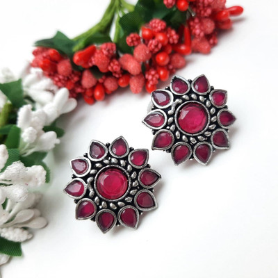 Lukello Silver-Plated Oxidised Stone Flower Stud Earrings For Women Brass Stud Earring