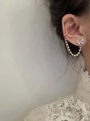 Vembley Butterfly pearl ear bone clip earrings all-in-one super fairy tassel earrings Stainless Steel Cuff Earring