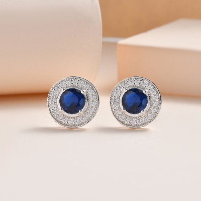 Ornate Jewels 925 Sterling Silver Solitaire Blue Sapphire With CZ Halo Stud Earrings for Women Sapphire, Cubic Zirconia Sterling Silver Stud Earring
